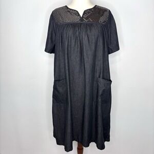 Go Softly Dress L Black Denim Cotton Midi House Relaxed Loose Pockets Sequins